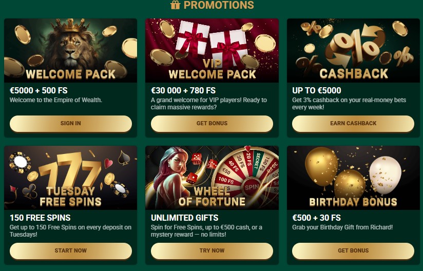 Richard Casino bonus promotions interface displaying signup offers and free spin packages